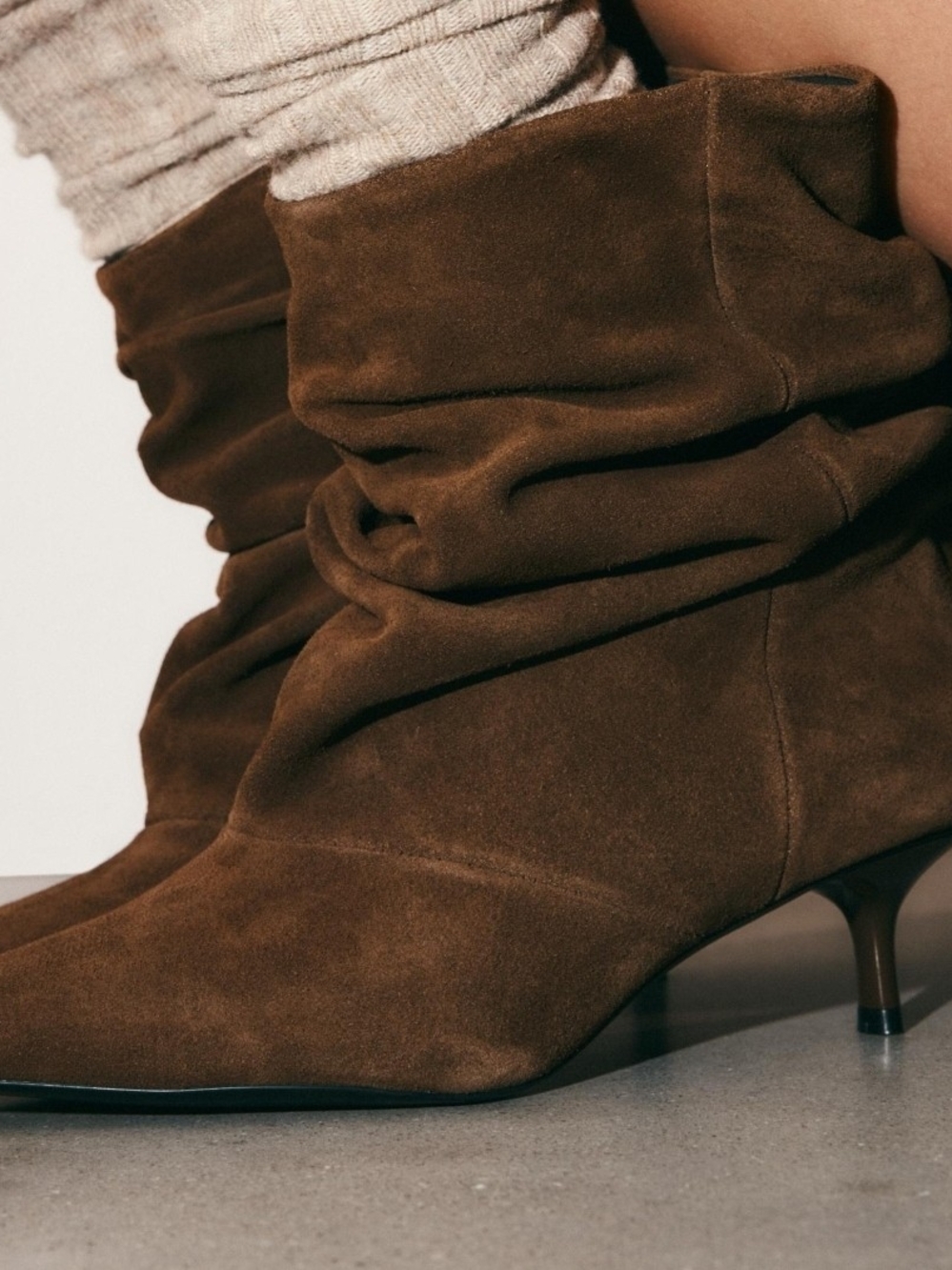 Brown Suede Slouchy Kitten Heel Boots - Picture 4 of 11